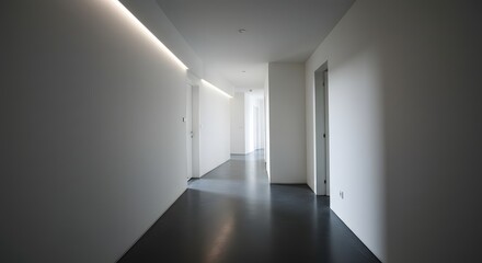 A long white hallway with dark floors and recessed lighting leading to a bright open space ahead