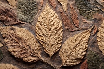 Close-up of textured leaves in various colors, showcasing nature's artistry and the beauty of autumn. The intricate details and earthy tones create a sense of natural elegance