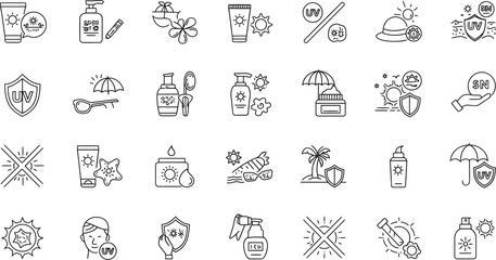 Skincare & Sun Protection Icons - UV Safety & Health Set