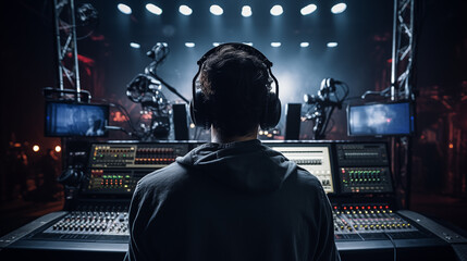 Man operates audio console with professional lights and camera gear