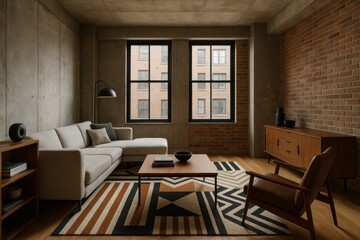 Fototapeta premium Contemporary industrial loft bedroom design featuring exposed concrete walls and minimalist metal bed frame