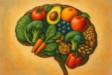 Creative human brain sculpture constructed from fresh colorful vegetables representing healthy plant-based nutrition concept