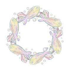 Watercolor round frame made of various seashells, conch, starfish, pearl, oceanic decor. Hand drawn illustration isolated. Template with a marine theme. Empty space for insertion. Copy space in center