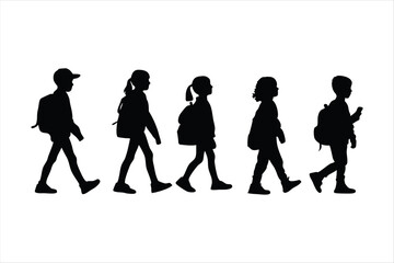 School Children Walking with Backpacks Silhouette - Kids Education Vector