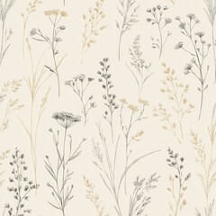 Delicate, hand-drawn wildflowers in grey and beige on a creamy background repeat seamlessly