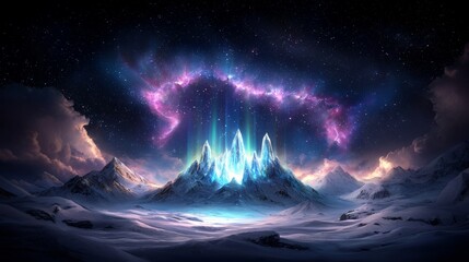 A frozen land with crystal towers and auroras