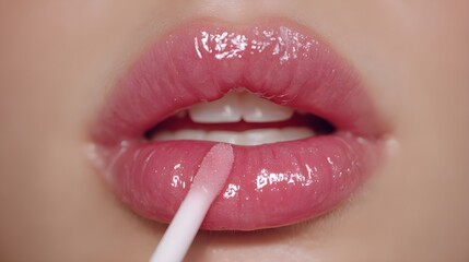Close-up of Glossy Lips Applying Pink Lip Gloss with Applicator, Cosmetic Beauty Make up Background