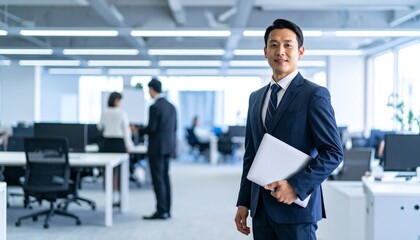 A Korean man in a suit holding a laptop computer to the right, with luxury office furniture in the blurred background