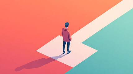 3D isometric illustration of a person standing at a crossroads, deeply thinking, facing multiple choices