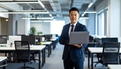 A Korean man in a suit holding a laptop computer to the right, with luxury office furniture in the blurred background