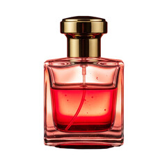 Elegant red perfume bottle with gold cap isolated on transparent background