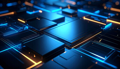 Abstract digital rendering of a dark, metallic surface with glowing blue and orange lines forming a complex, layered structure of geometric shapes