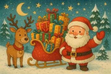 Obraz premium Festive cartoon Santa Claus in sleigh loaded with colorful presents for Christmas celebration