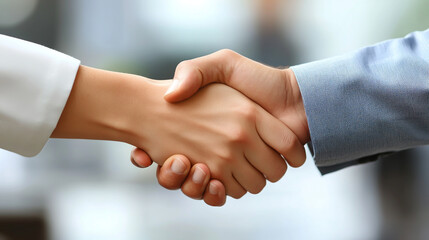 Business handshake between happy middle-aged professional woman manager and male client, modern corporate office setting