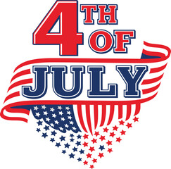 A patriotic graphic for the "4th of July" featuring bold red and blue text, a flowing American flag ribbon, and a fanned arrangement of red and blue stars, all on a white background.