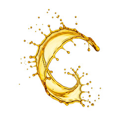 Golden oil liquid splash isolated on transparent background in motion