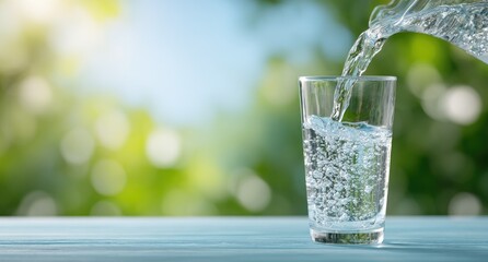 Water pours from a pitcher into a glass on a table outdoors