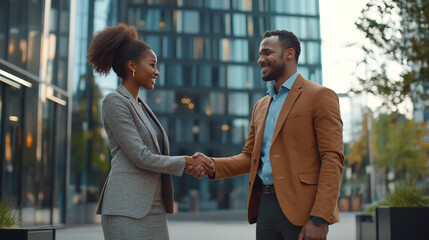 Handshake between diverse young colleagues, male and female entrepreneurs meeting outside office center