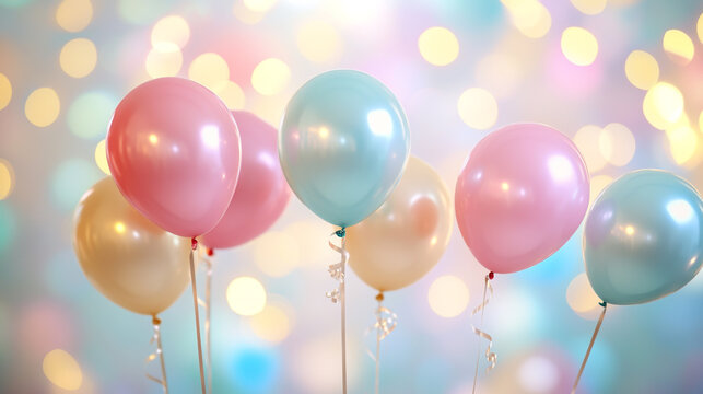 Elegant happy birthday background, realistic glossy balloons in pastel colors, soft lighting, bokeh effects, clean composition