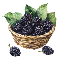 Black Mulberry Fruit Basket, watercolor illustration vector, isolated on a white background. © AMIDCO