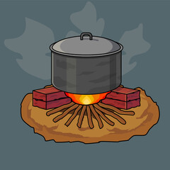 Cartoon Cooking Pot on Campfire – Outdoor Firewood Cooking Illustration