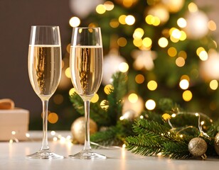 Festive champagne flutes near Christmas tree