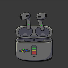 Vector illustration of wireless earphone with battery indicator and melody