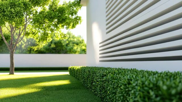 Modern house exterior with green hedge and tree sunny garden featuring fresh grass and white wall design, peaceful bright outdoor space with trimmed lawn and horizontal vents creating natural