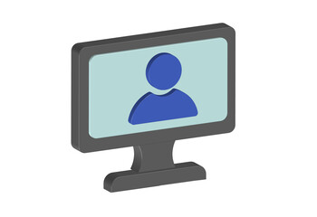 Simple 3D icon of a monitor with a person avatar on the screen. Transparent background, PNG format.
