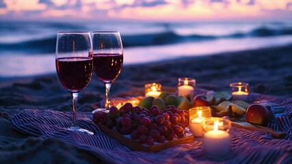 Romantic beach sunset picnic with wine and fruit (1) - Powered by Adobe