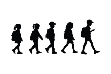 School Children Walking with Backpacks Silhouette - Kids Education Vector