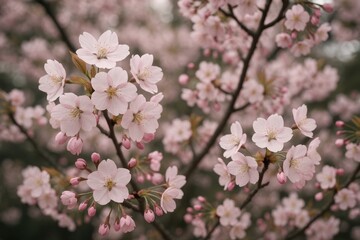 Fototapeta premium Pink cherry blossom sakura flowers with delicate white petals floating against soft pastel background