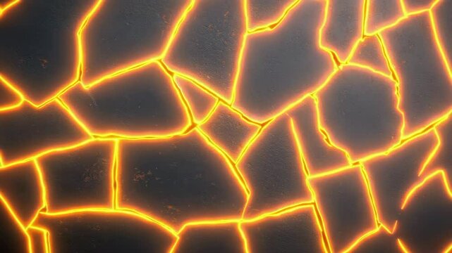 Glowing cracked dark surface with bright orange light and abstract texture pattern background featuring intense fissures resembling molten lava and dry soil highlights