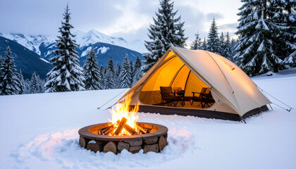 A glowing, tan tent sits in a snowy mountain landscape, illuminated from within. A crackling campfire burns in a stone ring nearby, offering warmth against the cold winter scene