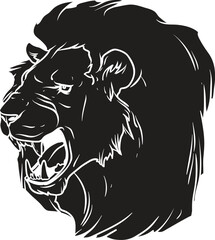 Fierce black silhouette of a lion s head roaring with its mouth open showing teeth and mane detail isolated on white background