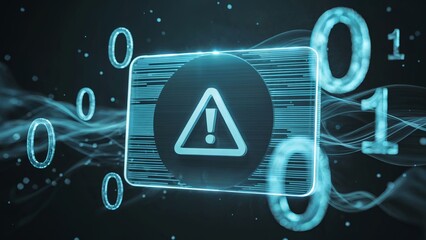 Futuristic security screen with glowing blue warning triangle and floating binary code in a digital system alert environment