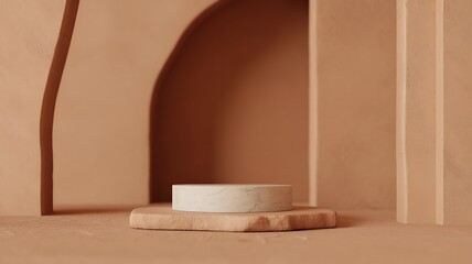Beige product display with stone platform and marble cylinder