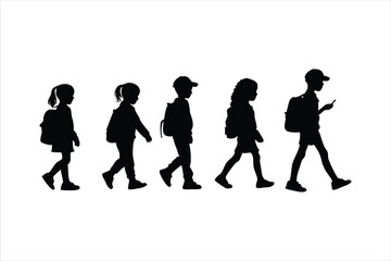 School Children Walking with Backpacks Silhouette - Kids Education Vector