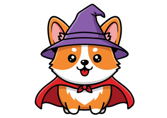 Cute Corgi Dog in Witch Hat and Cape, Halloween Cartoon Costume Illustration for Kids Design
