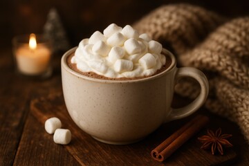 Steaming mug of rich hot cocoa topped with whipped cream and marshmallows on rustic wooden table