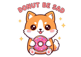 Adorable Corgi Holding a Donut 'Donut Be Sad' Kawaii Illustration