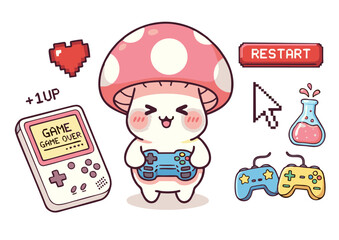 Fototapeta premium Adorable Mushroom Gamer Pixel Art Character Illustration