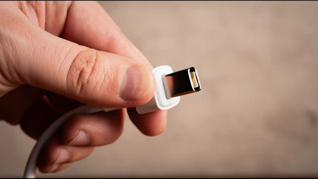 Hand Holding a White USB Connector Cable Against a Soft Neutral Background