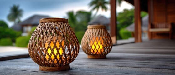 lantern lighting exterior concept. Warm lanterns illuminate a serene deck surrounded by lush greenery and distant buildings.