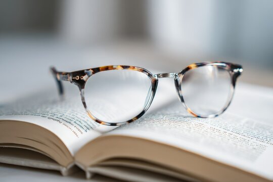 Eyeglasses rest on an open book, shallow depth of field