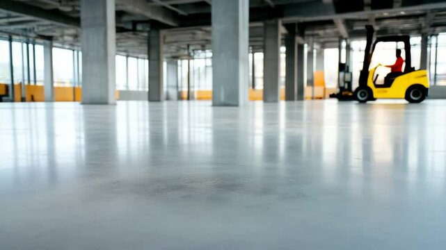 Spacious industrial warehouse interior with empty polished concrete floor, forklift in background, bright building construction space featuring large windows and sunlight streaming