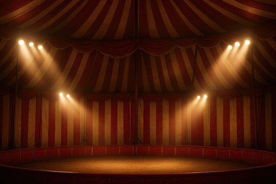 Vintage circus tent interior with colorful striped canvas and dramatic lighting creating nostalgic entertainment atmosphere
