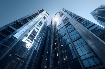 Obraz premium Modern glass skyscrapers against a clear sky.