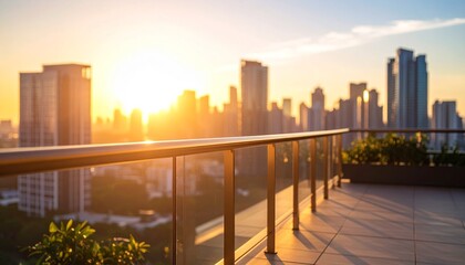 Obraz premium Brushed bronze railing glows in sunset light, capturing modern luxury and elevated perspective.