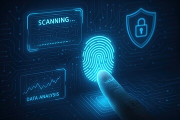 Advanced biometric fingerprint scanner with futuristic digital interface and security elements